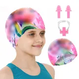 Badekappe für Kinder, 1 Stück Badekappe Polyester, Badekappe Kinder Lange Haare, Schwimmkappe Kinder, mit Schwimmen Ohrstöpsel und Nasenclip, Swim Cap Schwimmhaube für Kinder Mädchen