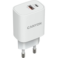 Canyon Ladegerät 1xUSB-A + 1xUSB-C 20W PD white retail (20 W, Power Delivery, Quick Charge 3.0), USB Ladegerät, Weiss