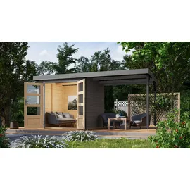 Karibu Gartenhaus Jupiter B Set terragrau/staubgrau, mit Anbaudach grau