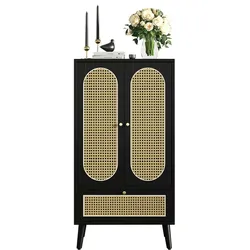 Merax Kompaktes Sideboard, Rattan-Design, Schwarz, Highboard, Esszimmerschrank, Bücherregal