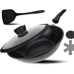 Ken Hom 4 teiliges Wok Set   Karbonstahl mit Antihaftbeschichtung/Phenolharz Gri...