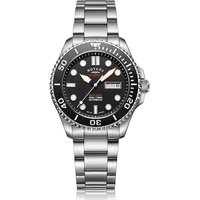 Rotary Super 7 Scuba Herren-Armbanduhr, automatisches schwarzes Zifferblatt, silberfarbenes Edelstahl-Armband, S7S001B, Schwarz , Armband