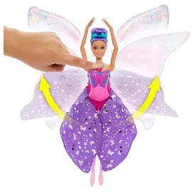 Mattel Barbie Tanz und Flatter Puppe mit 2-in-1-Verwandlung von der Tänzerin zum Schmetterling mit sich öffnenden Flügeln, violetten Haaren, Haarschmuck und abnehmbarem Tutu, HXJ10