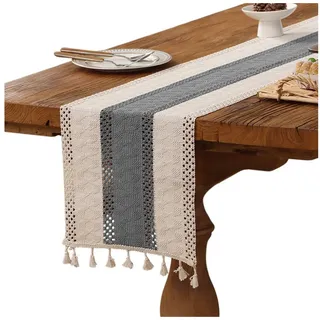 Refttenw Tischläufer Tischläufer mit Quastenbesatz,Boho-Makramee-Tischläufer,Tischdeko grau 30 cm x 180 cm