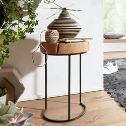 KADIMA DESIGN Beistelltisch AKOLA Massiv-Holz Akazie Wohnzimmer-Tisch Metallbeine Landhaus-Stil Baumstamm-Form Echt-Holz