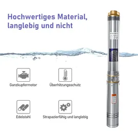 Jiubiaz Tiefbrunnenpumpe 1.1kW/1.5hp bis 4.000 l/h Fördermenge Edelstahl