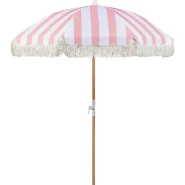 Beliani Beliani, Sonnenschirm rosa Rund 150 cm mit Volant Regenschutz Holzmast Neigungsfunktion Kurbel Boho Garten Outdoor Balkon Terrasse