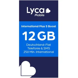 Lyca Mobile International Plus S Boost 4G/5G Prepaid Simkarte Weltweit Prepaidkarte, (250 Min. in bis zu 100 Länder, Deutschland-Flat für Telefonie & SMS)