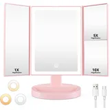 Auxmir Schminkspiegel mit Beleuchtung, 10X/5X/1X Kosmetikspiegel Vergrößerungsspiegel mit Licht & 3 Lichtfarben, Faltbar Spiegel mit Beleuchtung und Dimmbar LED Licht, USB Wiederaufladbar, Rosa