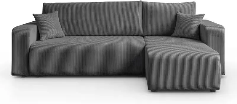247x143x83 cm Universal Polster-Ecksessel PRESTIGE, Grauer Cordstoff, Ecksofa-Bett mit großem Schlafbereich von 200x130 cm, Universalsessel für jeden Raum: Hocker kann sowohl links als auch rechts positioniert werden
