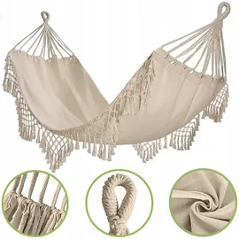 OEM Gartenhängematte Im Brasilianischen Boho-Stil 190x150 cm, Beige, 120 kg Belastbarkeit, Mit Fransen, Aufbewahrungstasche 2 Seilen, Baumwolle-Polyester, Outdoor Indoor