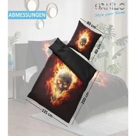 Sanilo Bettwäsche Totenkopf in Flammen Schwarz 135 x 200 cm + 80 x 80 cm