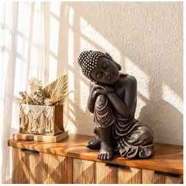 wall-art K&L Wall Art Große Buddhafigur Kunststein Deko Feng Shui Steinfigur dekorative Budhastatue Zen Dekofigur (Schwarz, Silber, 40 cm hoch)