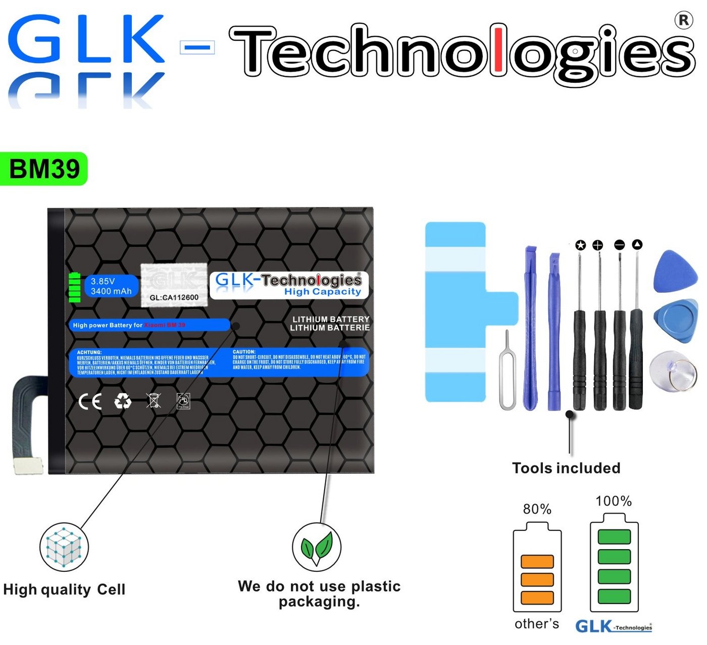 GLK-Technologies High Power Ersatzakku BM39 für Xiaomi Mi6, Original GLK-Technologies Battery, accu, 3400mAh Akku, inkl. Werkzeug Set Kit NEU Smartphone-Akku 3400 mAh (3.8 V)