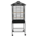 Großer Vogelkäfig mit Ständer - Papageienkäfig Voliere - 48x46x122 cm - Dach zum Öffnen - Mit Rollen und Bremsen - Metall - Schwarz