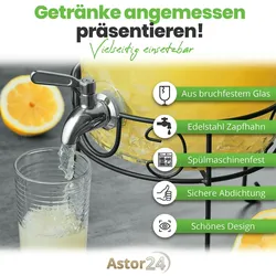 astor24 Getränkespender 8 L mit Zapfhahn + Ständer aus Glas Wasserspender Saftspender