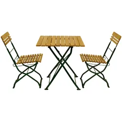 DEGAMO Biergarten - Garnitur MÜNCHEN 3-teilig (2x Stuhl, 1x Tisch 70x70cm), Flachstahl grün + Robinie