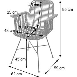 Mendler Esszimmerstuhl HWC-M29, Küchenstuhl Korbstuhl Rattansessel Rattanstuhl Stuhl mit Armlehnen, Kubu Rattan Holz Metall