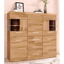 Home Affaire Highboard HOME AFFAIRE "Ribe,125cm breit,115cm hoch, Fronten Massivholz,5Türen,3 Schubladen", beige (kernbuche teilmassiv), B:125cm H:115cm T:35cm, Holz teilmassiv, Sideboards, Highboard, Holz massiv, Holzwerkstoff, Metall Griffe,10Fächer, Böden