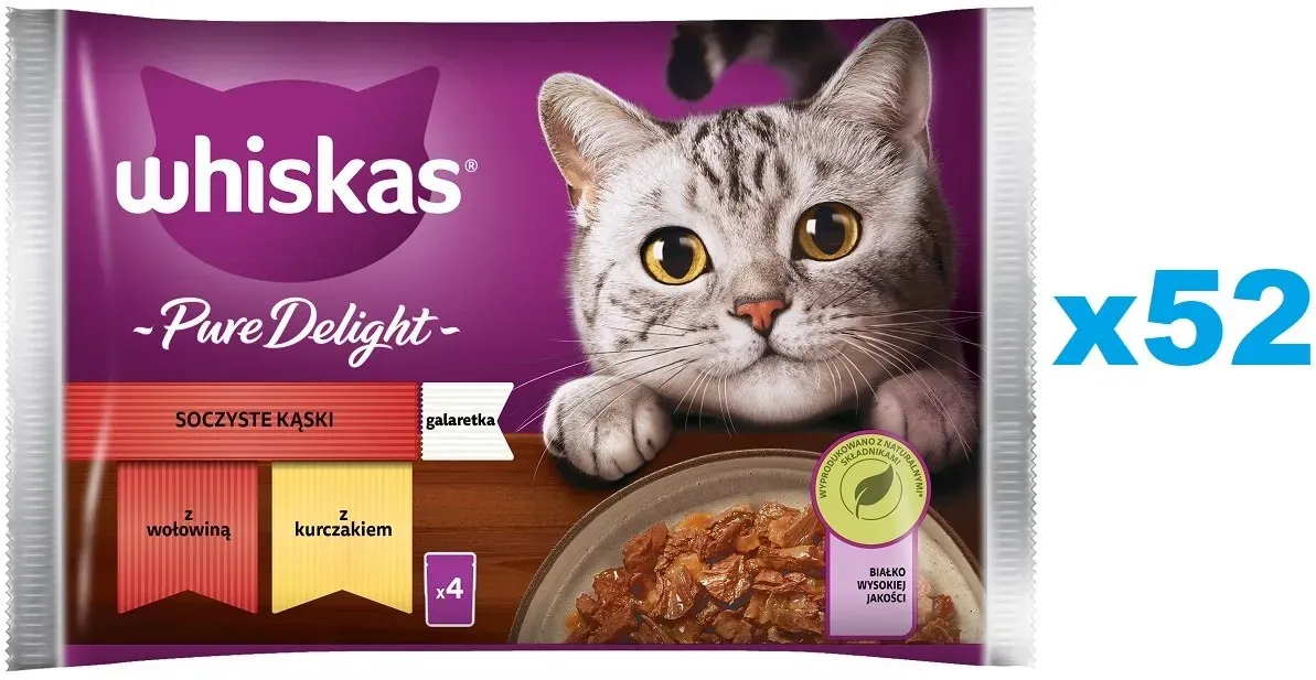 WHISKAS Adult 52 x 85g Juicy Bites Nassfutter für Katzen mit Rindfleisch, Huhn