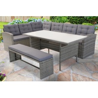 OUTFLEXX Loungemöbel, hellgrau meliert/grau, Polyrattan/Polyester, Tisch 145x79cm, 4 tlg., 7 Pers, inkl. Polster