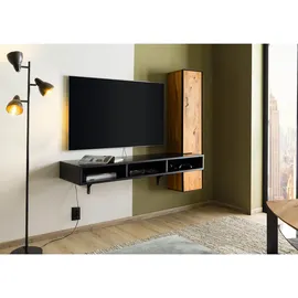 Massivmoebel24 STARNBERG Wohnwand 161x49x140 cm Natur geölt/Schwarz lackiert Holz