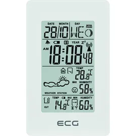 ECG MS 100 Wetterstation mit Funksensor bis 30 Meter Entfernung, Thermometer, Hygrometer, Wettervorhersage für die nächsten 24 Stunden in 4 Modi, Uhrzeit, Wecker, Weiß, weiss