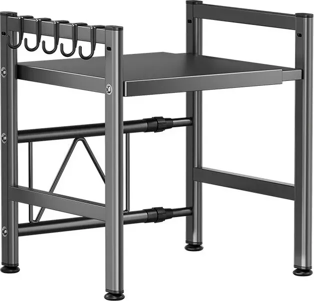 Maxcook Zweistöckiger ausziehbarer Mikrowellenständer aus Stahl - Küchen-Organizer für Geschirr und Besteck für die Arbeitsplatte, Mikrowellen-Regalboden aus Kohlenstoffstahl, mit 5 Haken, 39~62*33*47 cm, grau, Modell: MCZW1185
