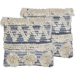 Kissen 2er Set EYTELIA Bouclé 45 x 45 cm Geometrisches Muster Getuftet Blau