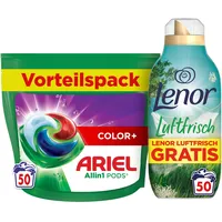 Jetzt Sparen: Ariel Waschmittel Pods All-in-1 50 Waschladungen, Color+ kaufen und Lenor Luftfrisch Weichspüler Landwiese 50 Waschladungen gratis testen!