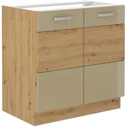 Spülenschrank 80 Eiche Artisan + Cappuccino Hochglanz Küchenzeile Küchenblock