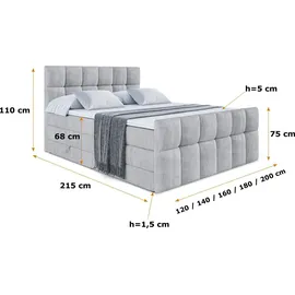 altdecor Boxspringbett mit Matratze und Lattenrost - RICAR -Z KING - 160x200 cm - Grau Monolith - Topper, Fußteil, Polsterbett mit Bettkasten, Bet... - Hellgrau