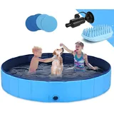 Hundepool Schwimmbecken Faltbarer Hund 63"x12" Planschbecken Swimmingpool Kinderpool Hundebadewanne Doggy Pool für Großes Haustier Hund Katze Kinder PVC rutschfest (Bonus Haustier Badebürste)