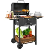 Outsunny Holzkohlegrill aus Edelstahl fahrbar Grillwagen mit Deckel Thermometer Grillrost Räder Griff verstellbar Kohlewanne, Kohlegrillwagen mit Holzablage BBQ Smoker für Camping Garten 112x58x107cm