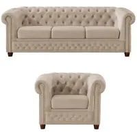 S-Style Chesterfield Polestergarnitur 3+1 Cleo Blink ¦ beige ¦ Maße (cm): B: 203 H: 72