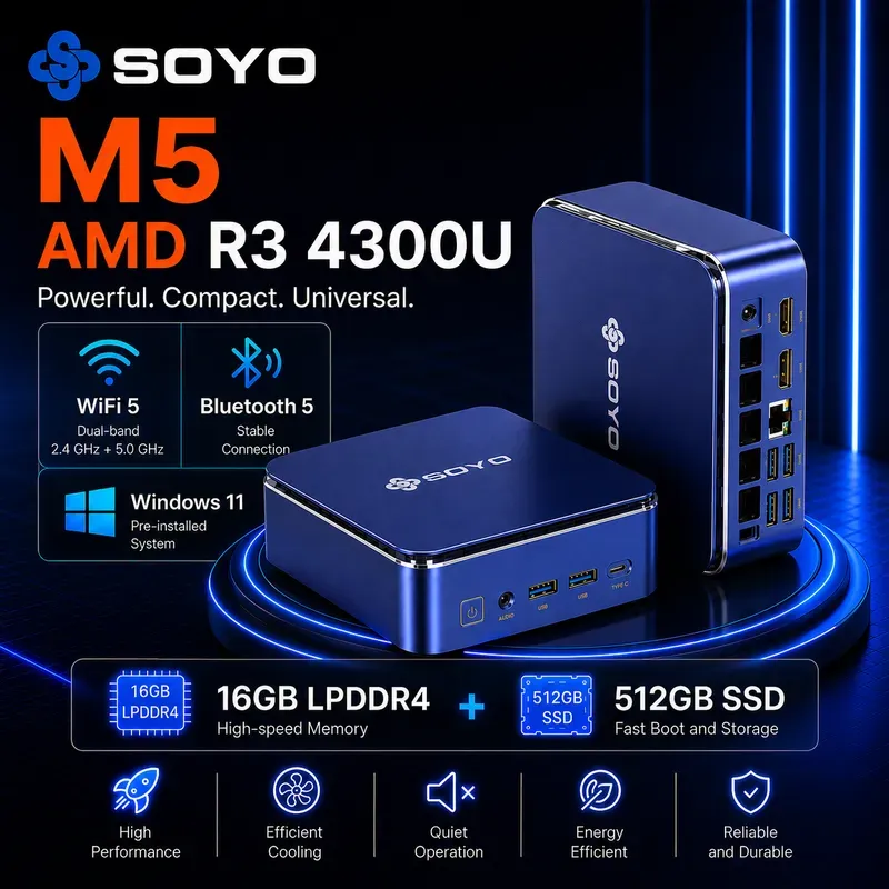 SOYO M5 Mini-PC AMD Ryzen 4300U W-11 Pro (4C/4T, bis zu 3,7 GHz) 16 GB LPDDR4/512 GB SSD, Desktop-PC 4K @ 60 Hz Triple-Display (HDMI 2.0 + Typ-C + DP 1.4)/WLAN 5/Bluetooth 4.2/LAN für Büro, Bildung und Multimedia
