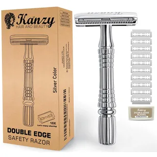 KANZY Rasierhobel Herren und Damen mit 10 Klingen Edelstahl Nassrasierer Sicherheitsrasierer arbeitet mit allen Doppelkante Rasierer Safety Razor Set