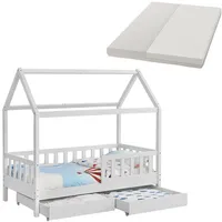 Juskys Kinderbett Marli 80 x 160 cm mit Matratze, Bettkasten, Lattenrost & Dach - Bett Weiß