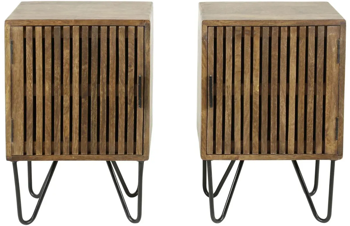 Nachttisch 2er-Set Mangoholz massiv, modern mit Lamellen-Design, Braun, schwarze Metallbeine