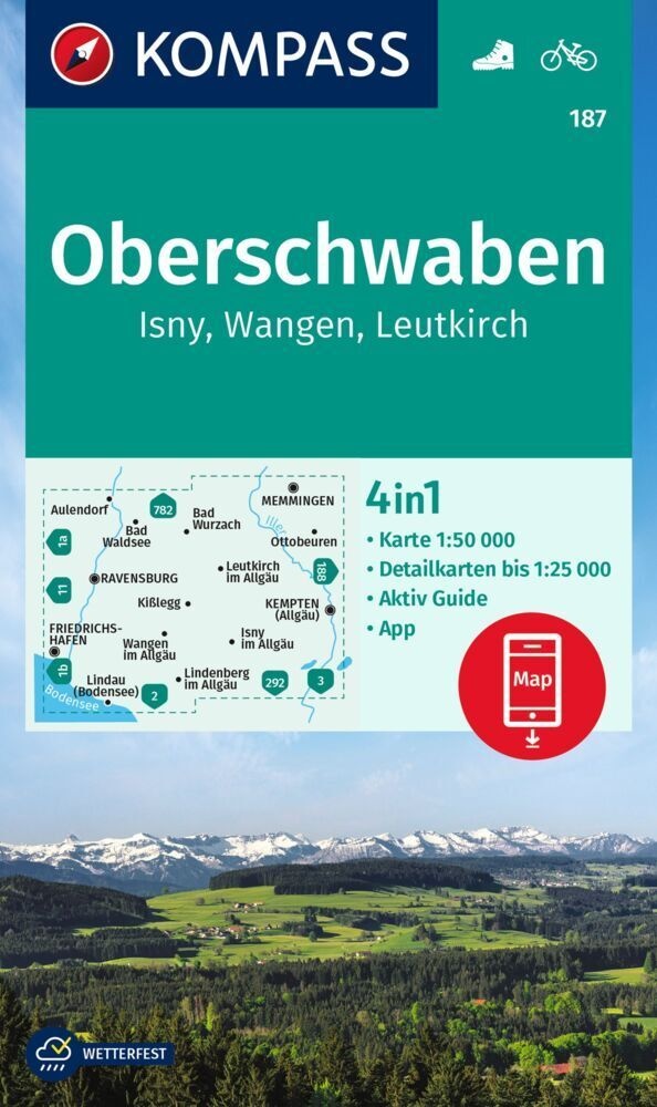 Kompass Wanderkarte 187 Oberschwaben  Isny  Wangen  Leutkirch 1:50.000  Karte (im Sinne von Landkarte)