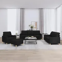 IKAYAA Sofagarnitur - 3 2 1 Set Couch Set Wohnzimmer mit Kissen, Stoff-Schwarz-3-Sitzer + 2-Sitzer + Sessel + Fußhocker