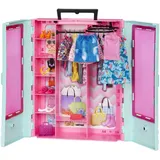 Barbie Kleiderschrank mit Kleidung und Accessoires, Garderobenschrank mit Falttüren und Tragegriff, Puppen Nicht enthalten, Geschenk für Kinder, Spielzeug ab 3 Jahre, HKR92