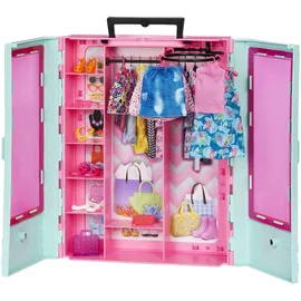 Barbie Kleiderschrank mit Kleidung und Accessoires, Garderobenschrank mit Falttüren und Tragegriff, Puppen Nicht enthalten, Geschenk für Kinder, Spielzeug ab 3 Jahre, HKR92