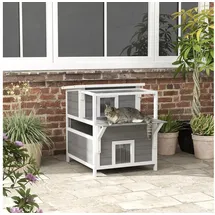 PawHut Outdoor-Katzenhaus Tannenholz, Katzenhaus mit Balkon, Eingängen,