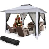 HOTEEL Pop Up Pavillon 3x3 Outdoor Pavillon mit Moskitonetz Pavillon Faltbar mit Seitenwänden für Garten, Camping, Partys, Hinterhof mit belüfteter Oberseite, Aufbewahrungstasche, Sandsäcken (grau)