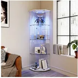Simurq Glasvitrine Eckvitrine 162cm LED Sammlervitrine,4 Lagen Eck-Glasvitrine Stehend (Packung, Sammlervitrine Schauvitrine mit 1 türen und Schloss, Gehärtetes Glas) LED-Streifenbeleuchtung; Mit Schloss;Fünfeckiges Design;Einzeltür weiß