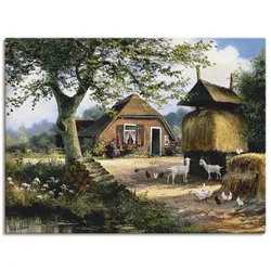 Wandbild ARTLAND "Idyllische Farm mit Hühnern und Ziegen", grün (farbe bild(er): grün), B:80cm H:60cm, Canvas, Leinwand, Bilder, als Leinwandbild, Poster in verschied. Größen
