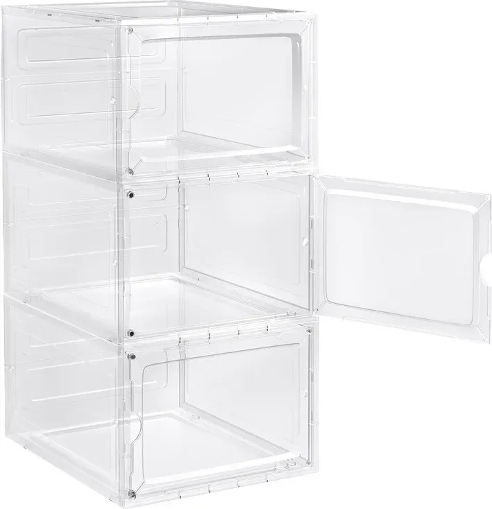 WOLTU Set aus 3 Schuhboxen, Stapelbare Transparente Kunststoff-Schuhbehälter, Organizer mit Magnetischer Fronttür, Bis Größe 46
