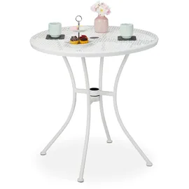 Relaxdays Gartentisch, mit Schirmloch & Stöpsel, Gitter-Optik, robuster Stahl, HxD: 72 x 70 cm, runder Balkontisch, weiß
