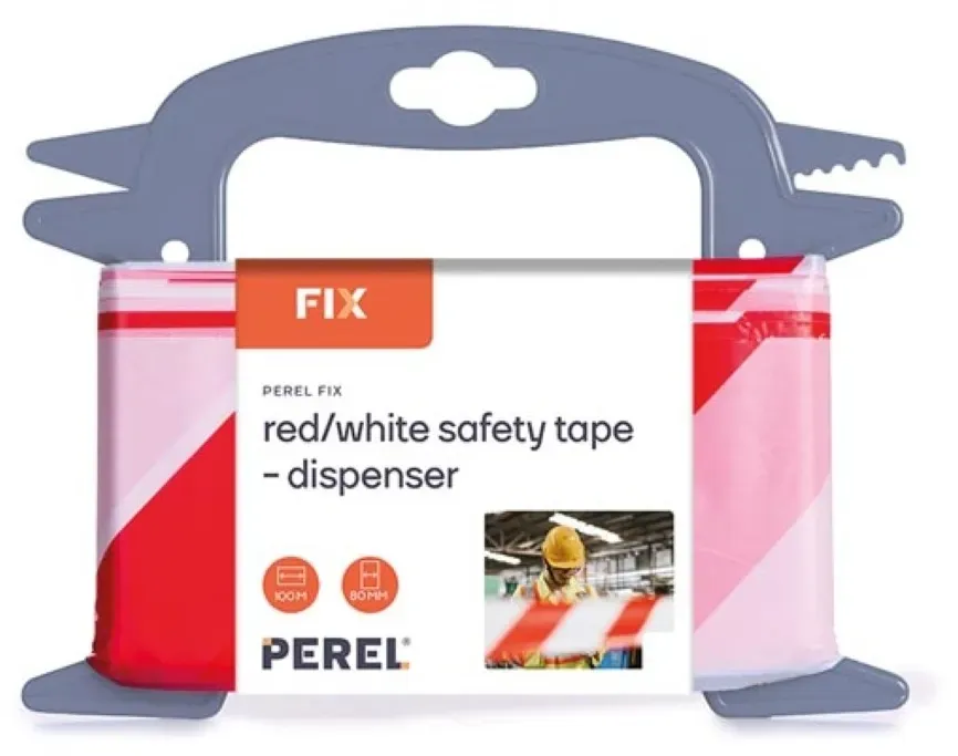 Perel Absperrband auf Rolle 100 m, ideal für temporäre Absperrungen und Veranstaltungen, rot/weiß